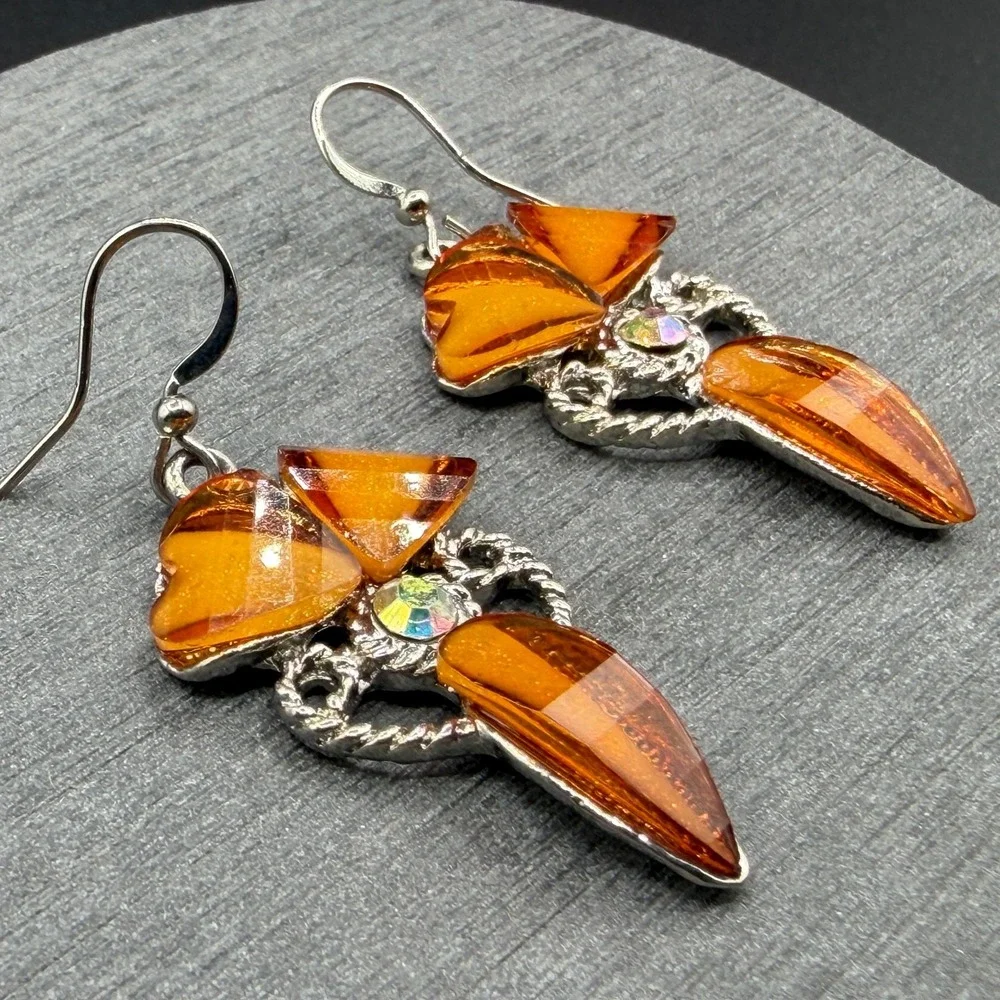 Orange Crystal Rhinestone Silver Tone Dangle Earrings Statement Boho Festival